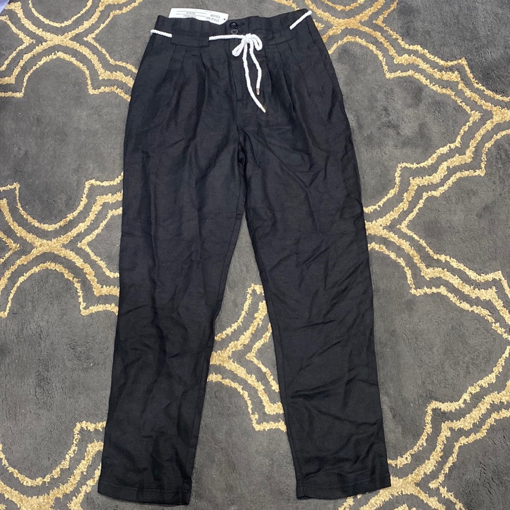 Black Linen Blend Long Paper Bag Pants Size M